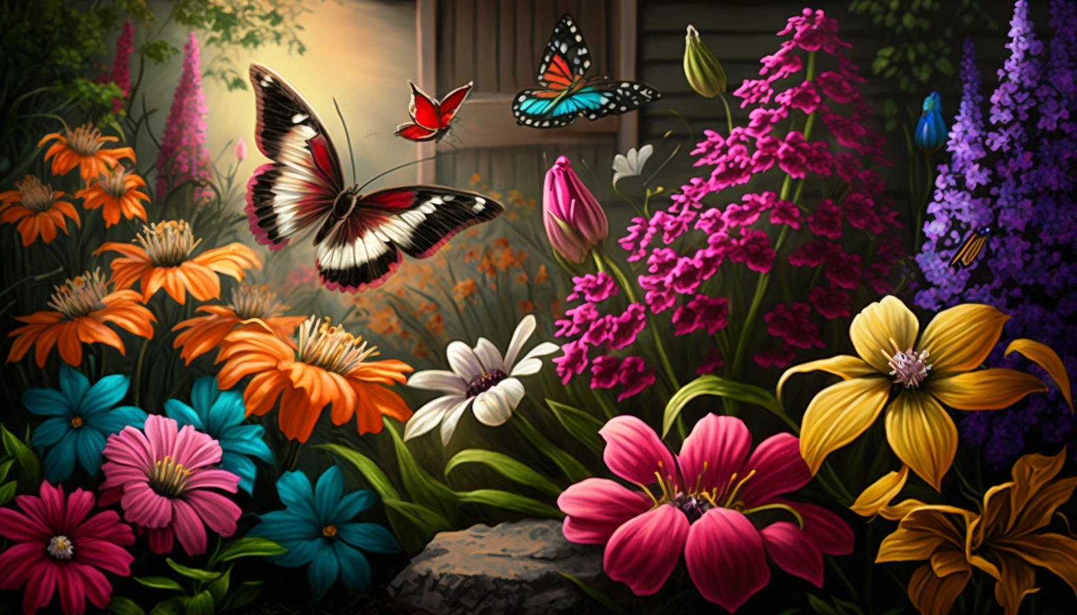 A vibrant garden with blooming flowers and butterflies