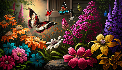 A vibrant garden with blooming flowers and butterflies