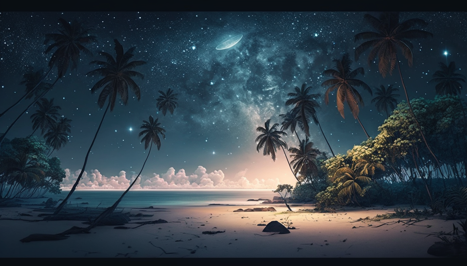 A tropical beach with palm trees and a star-filled sky above.