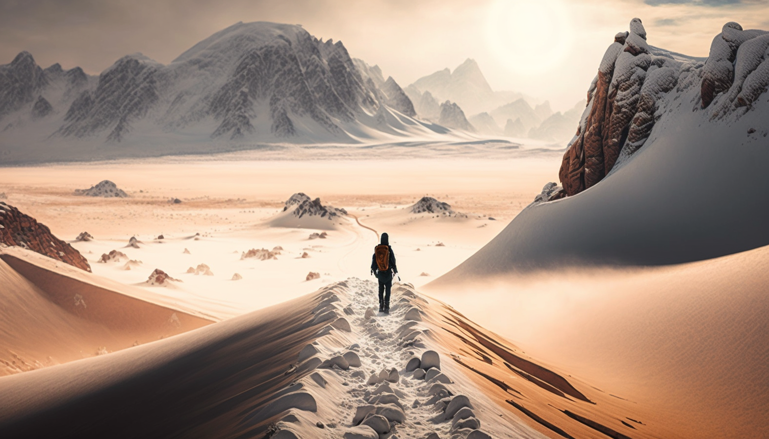 A person hiking through a snowy desert landscape