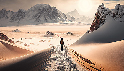 A person hiking through a snowy desert landscape