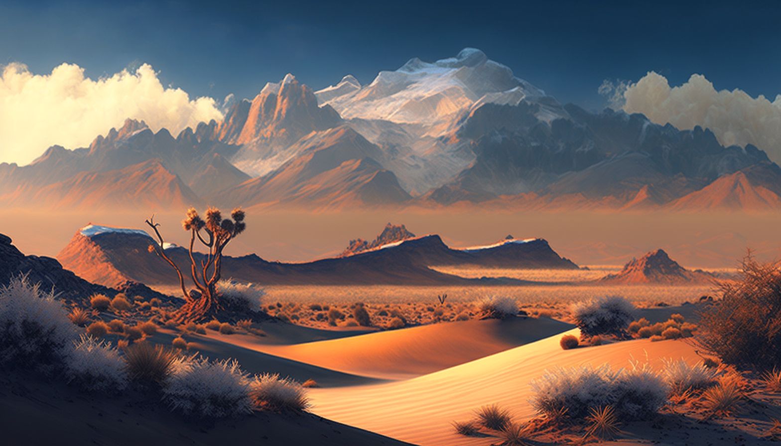 A desert landscape with snow-capped mountains in the background