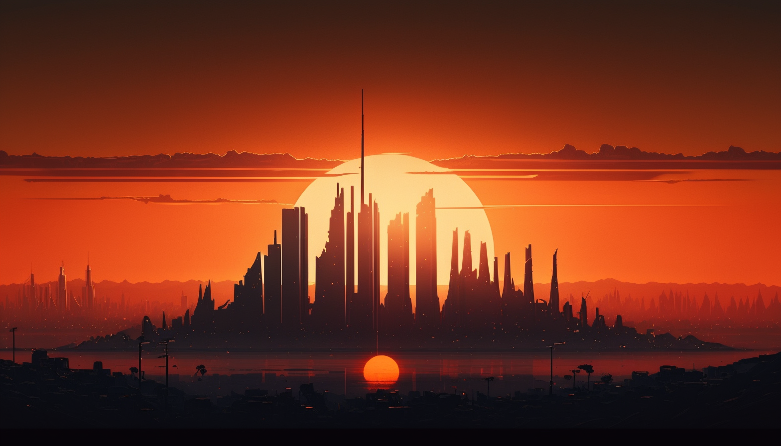 A view of a city skyline from a distance, with the sun setting behind it.