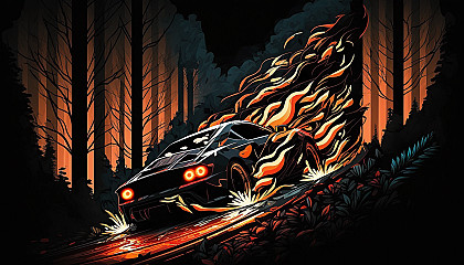 A race car speeding through a dark forest with its tail lights creating a trail of fire behind it.