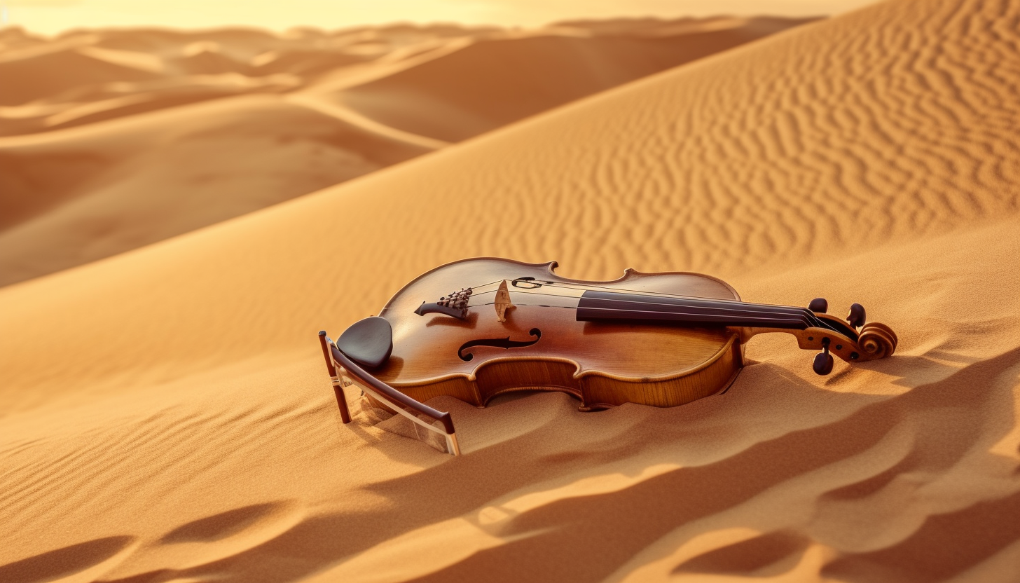 A violin half-buried in a sand dune, strings humming in the wind.