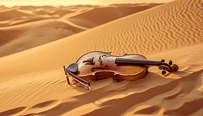 A violin half-buried in a sand dune, strings humming in the wind.