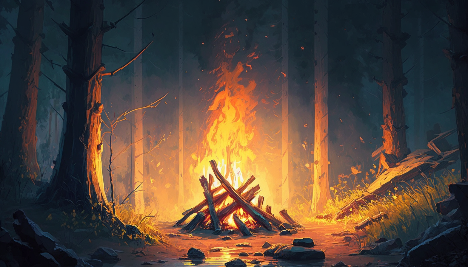 A painting of a roaring campfire in a forest clearing.