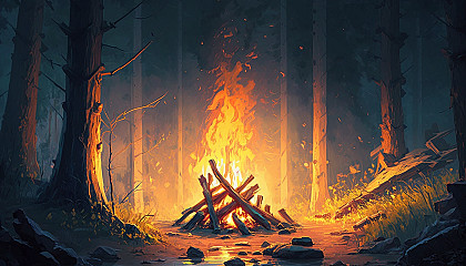 A painting of a roaring campfire in a forest clearing.