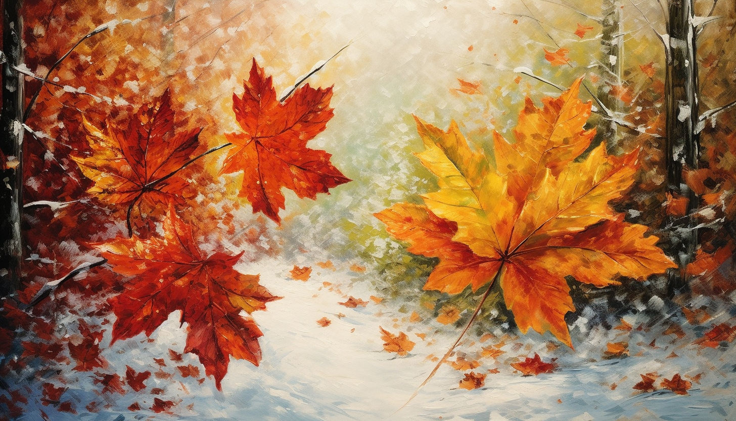 Art depicting the shift between seasons, like autumn leaves turning into winter snow.