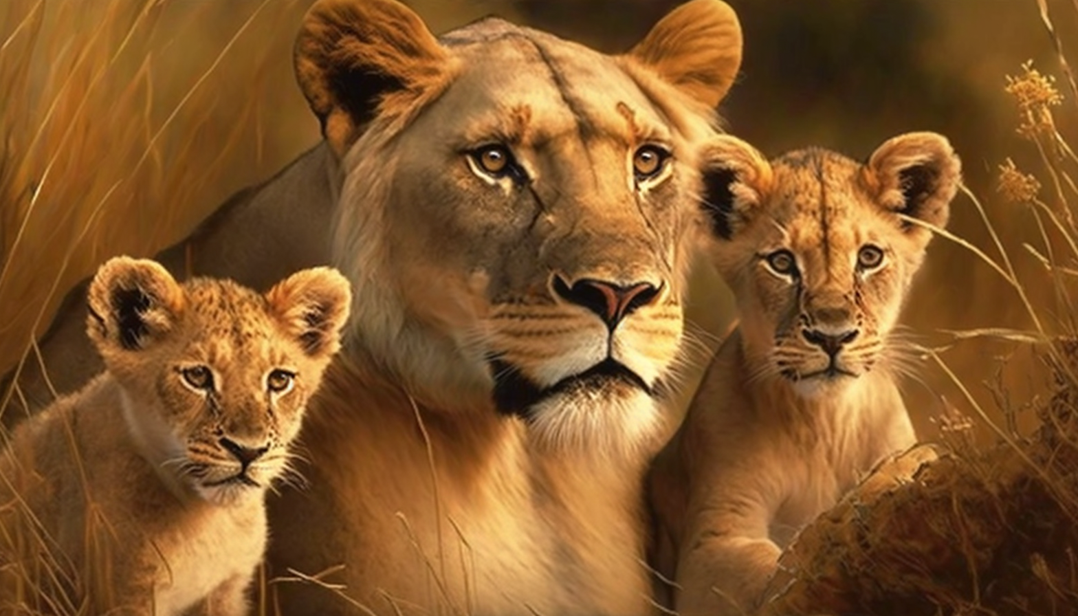 A lioness with her cubs in the savannah