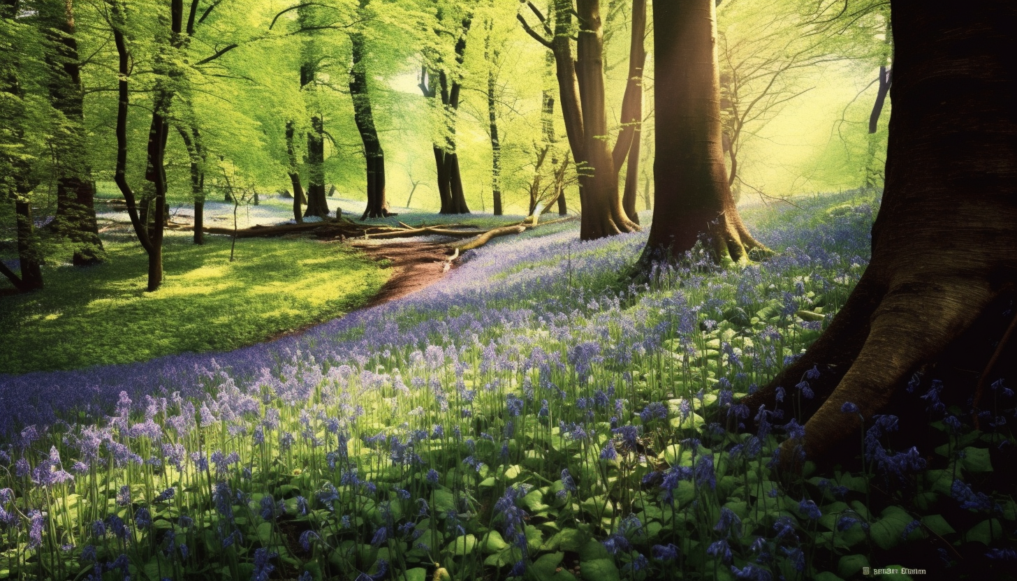 A carpet of bluebells in a shady woodland.