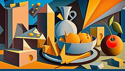 Still life painting with Cubist style geometric shapes