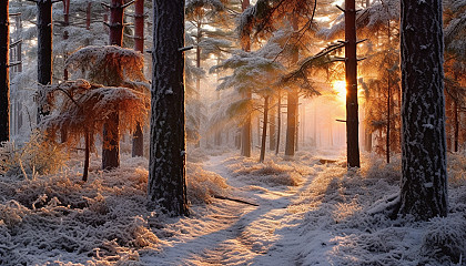 A frosty morning in a silent pine forest.