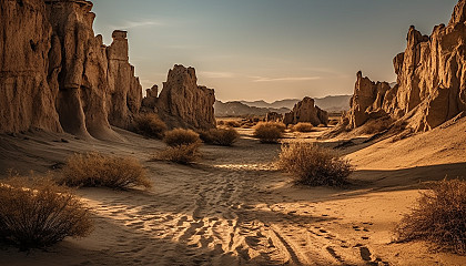 Desert landscapes with hidden oases and unique rock formations.