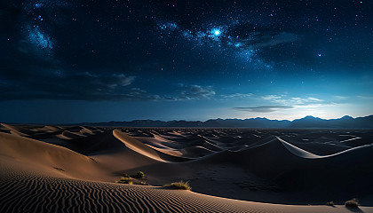 Towering sand dunes shifting with the wind under a starlit sky.