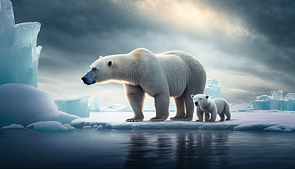A polar bear with her cub on an icy landscape
