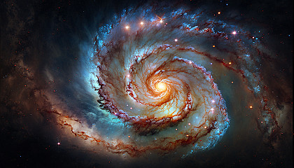 A close-up of a swirling galaxy with bright, colorful stars and clouds of gas and dust.