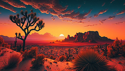 A vibrant sunset over a desert landscape.