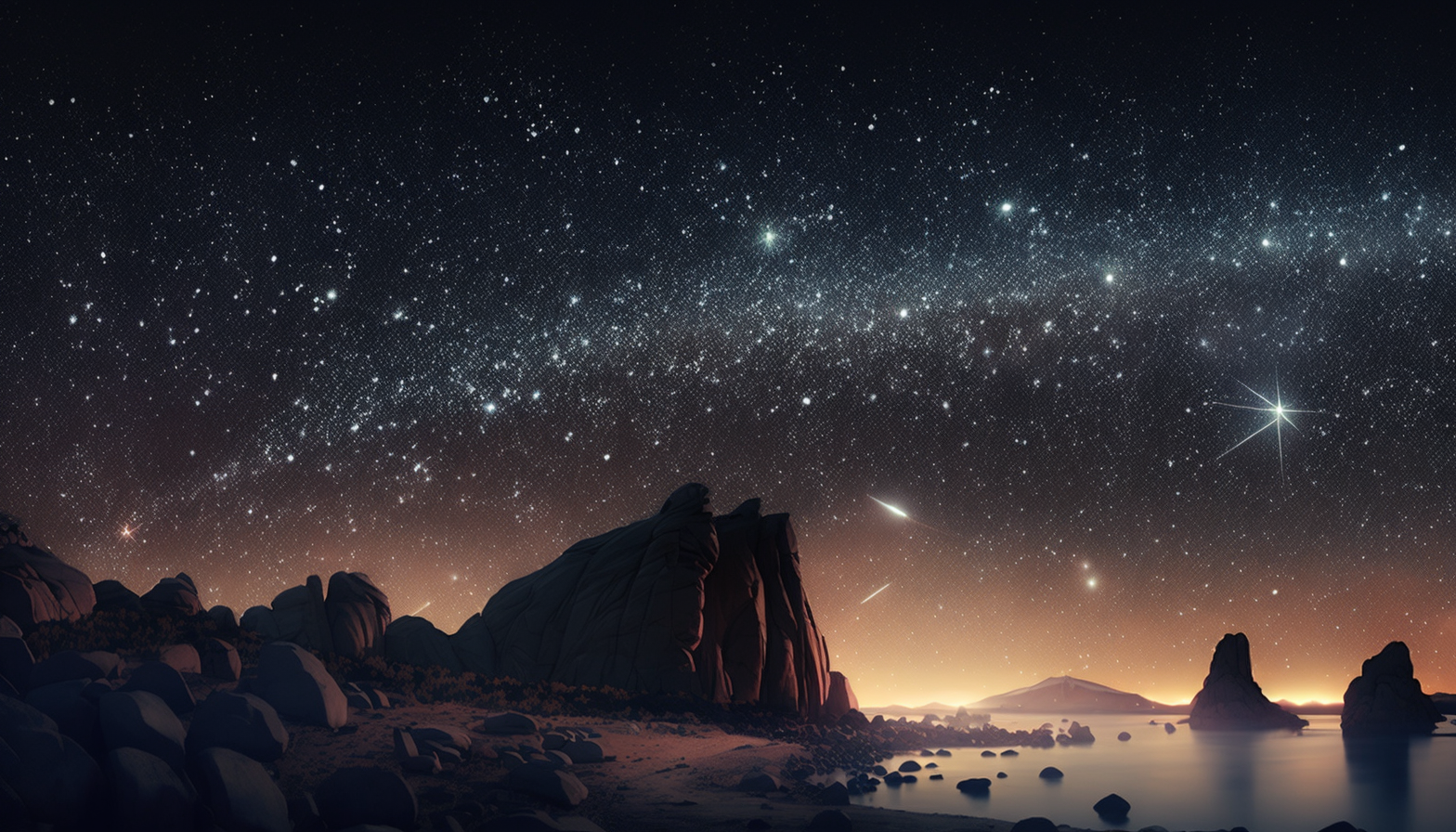 A panoramic view of a starry sky with constellations and a shooting star.