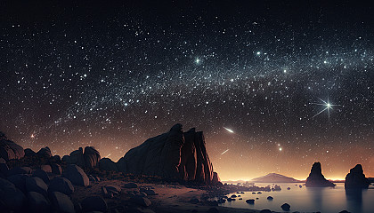 A panoramic view of a starry sky with constellations and a shooting star.