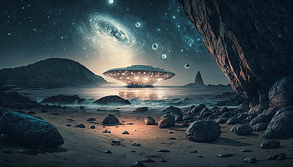 A surreal landscape of a rocky beach under a starry sky, with a UFO hovering in the distance.