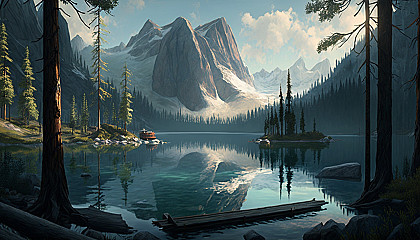 A serene lake surrounded by tall trees and mountains