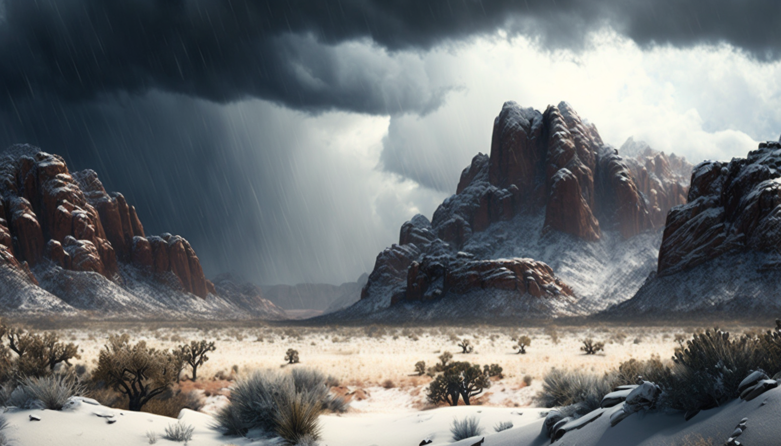 A snowstorm raging over a desert canyon