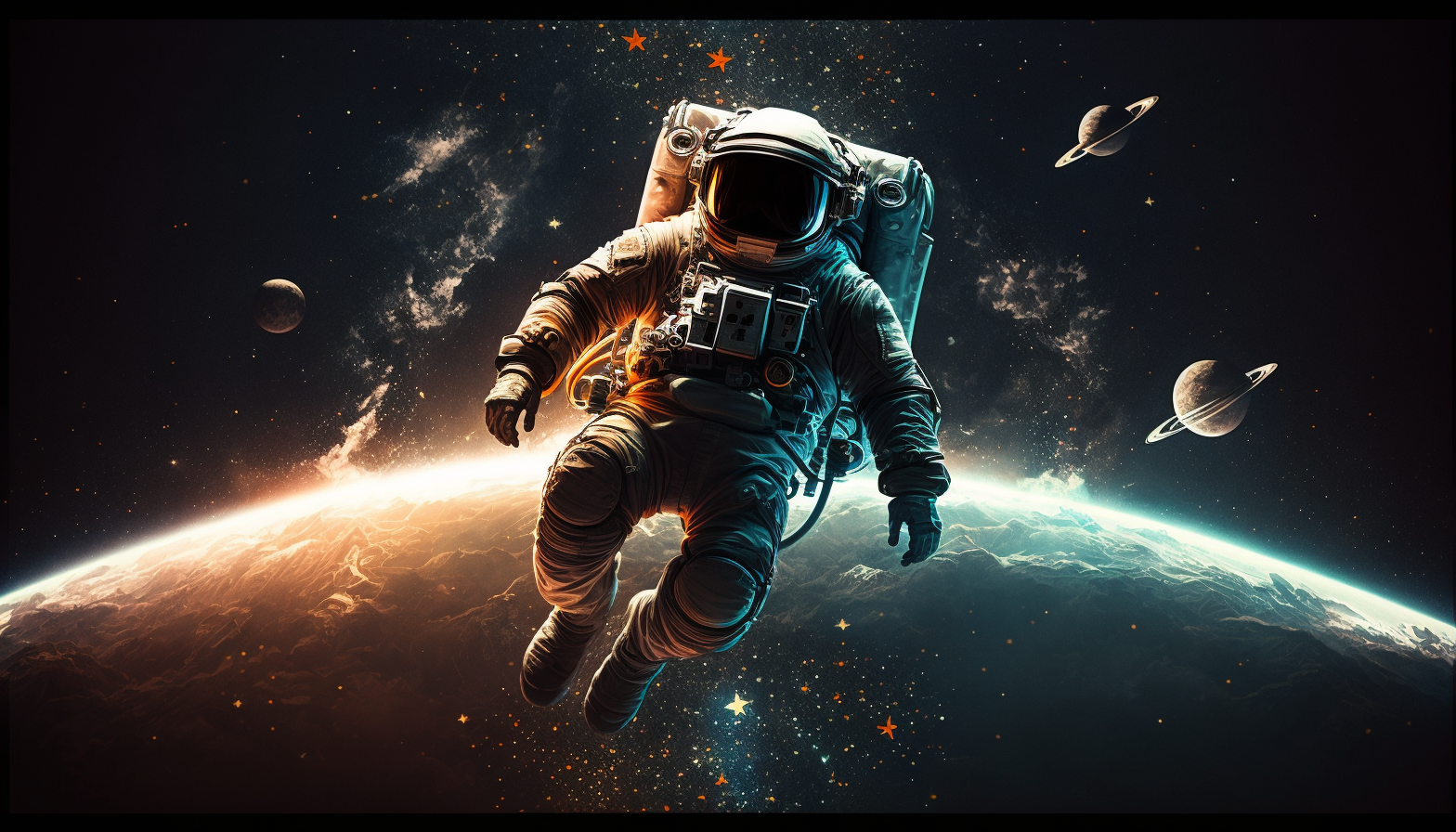 An astronaut floating in space with Earth in the background, surrounded by stars.