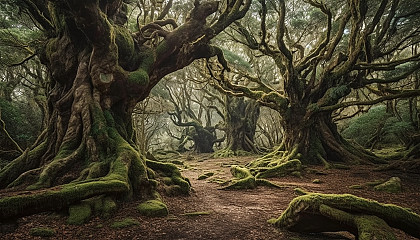 Ancient, gnarled trees standing tall in a tranquil forest.