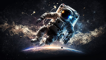An astronaut floating in space with Earth in the background, surrounded by stars.
