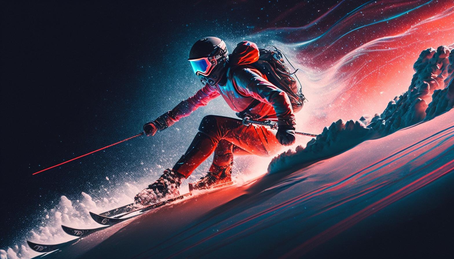 A skier racing down a snowy slope at night with glowing red and blue lights highlighting their movements.