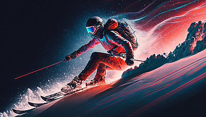 A skier racing down a snowy slope at night with glowing red and blue lights highlighting their movements.