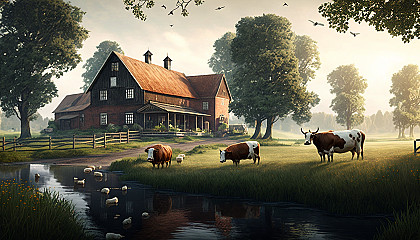 A tranquil countryside scene with a small farmhouse and a herd of cows in the distance.