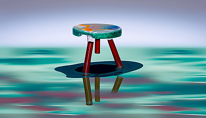 An image featuring a stool in an unexpected or unusual context, such as a stool floating in water or a stool with a vibrant, colorful design.