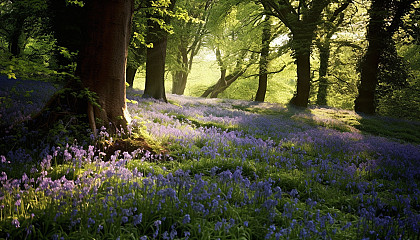 A carpet of bluebells in a shady woodland.