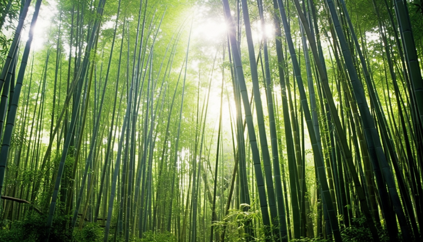 A dense bamboo forest with light filtering through the tall stalks.