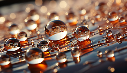 A close-up of dewdrops on a spiderweb, reflecting the morning sun.