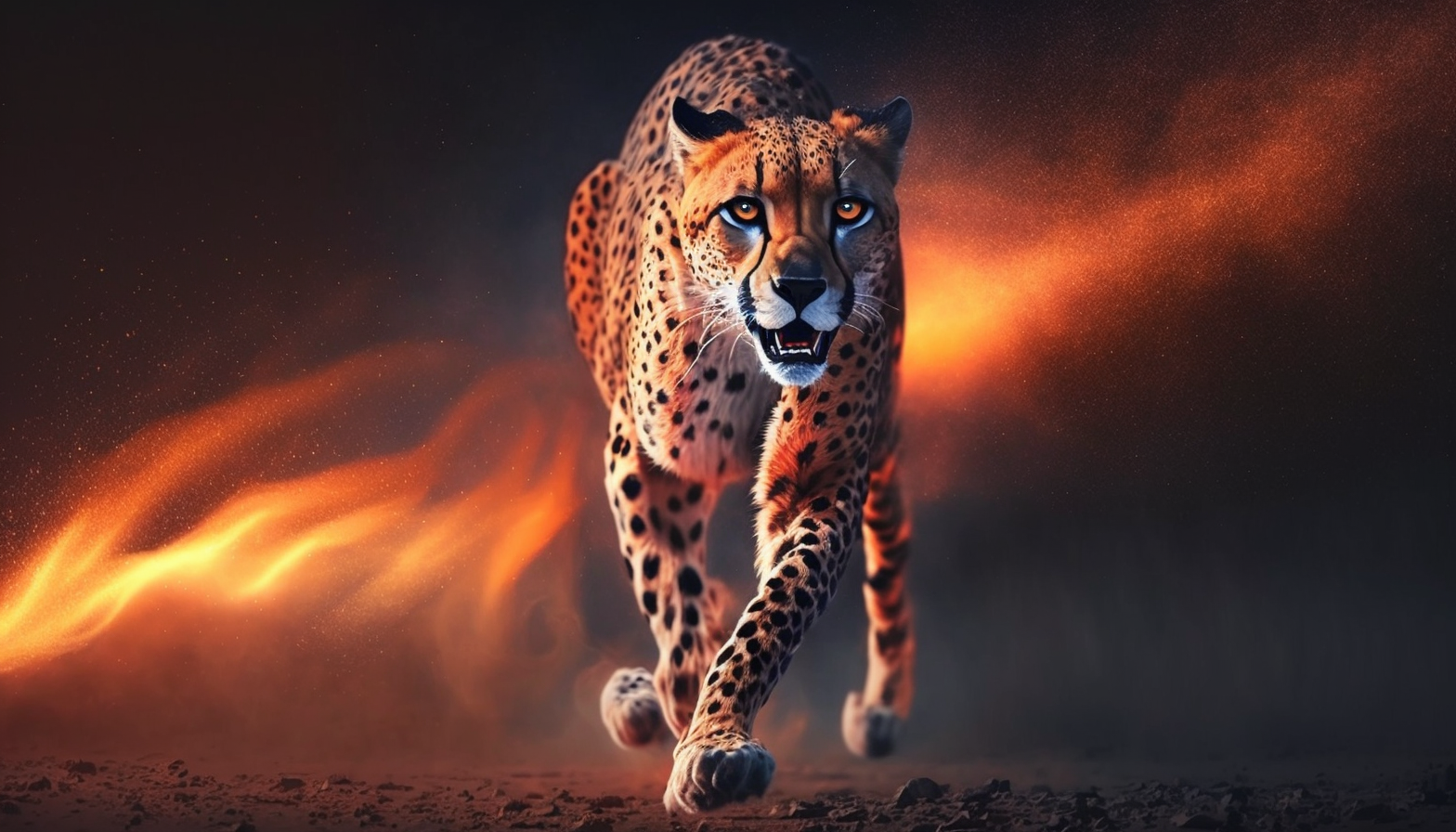 A cheetah running at full speed with glowing eyes and a fiery aura surrounding it.