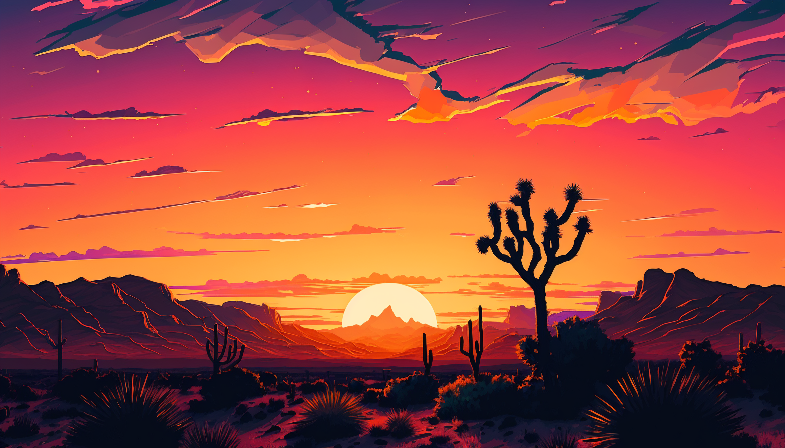 A vibrant sunset over a desert landscape.