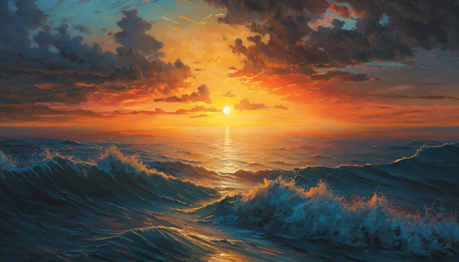 An oil painting of a brightly-lit sunset over the ocean