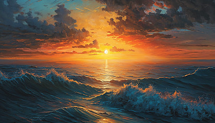 An oil painting of a brightly-lit sunset over the ocean