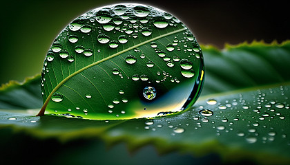 A close-up shot of a dewdrop on a leaf, reflecting the surrounding foliage.