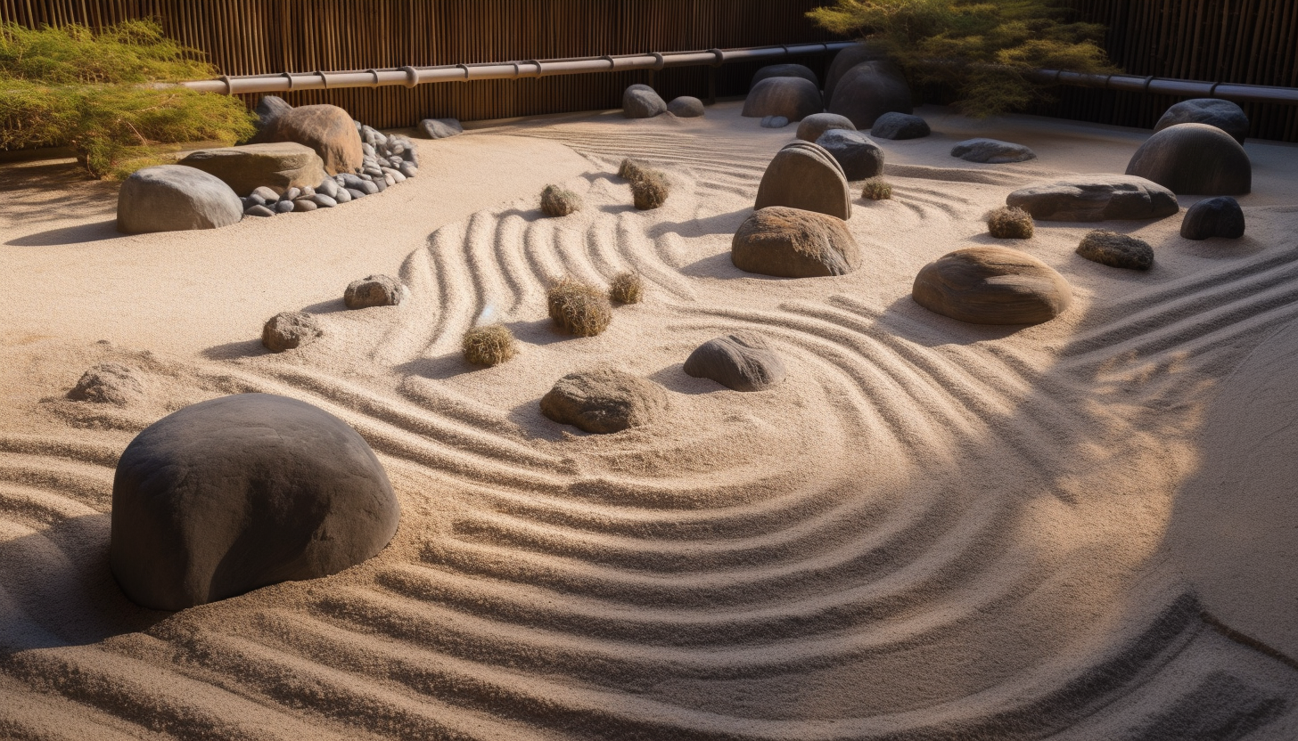 A peaceful zen garden with carefully arranged rocks and sand patterns.