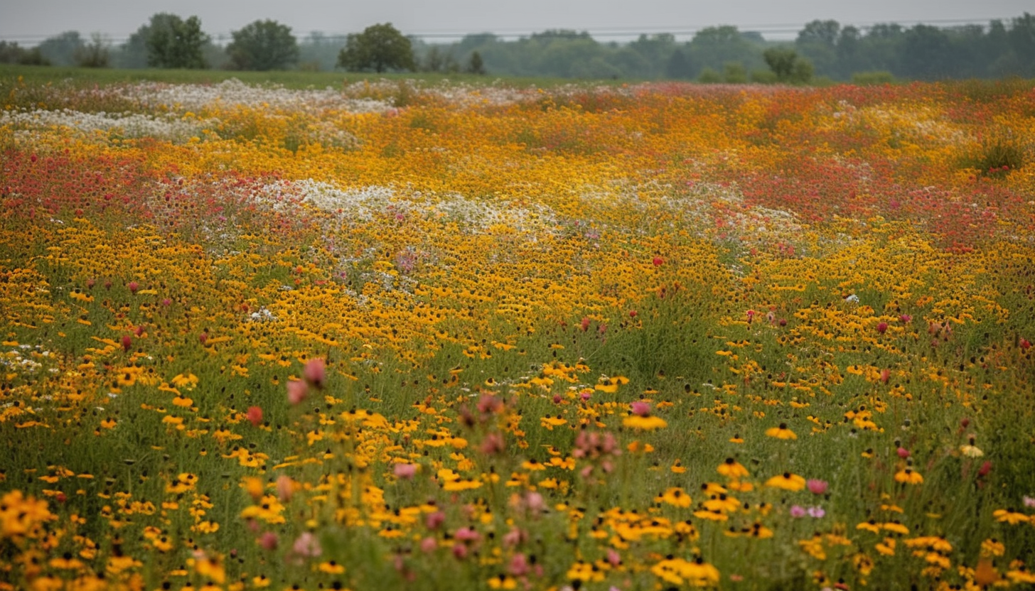 Blooming fields of wildflowers in various colors and patterns.