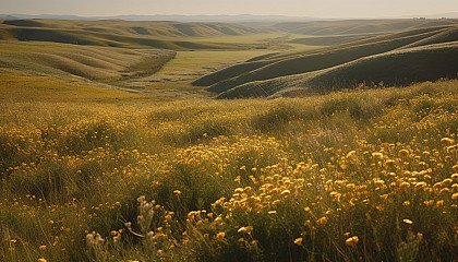 Gentle rolling hills blanketed in wildflowers or golden fields of grain.