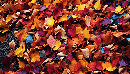 A cascade of autumn leaves falling from a tree, creating a carpet of color.