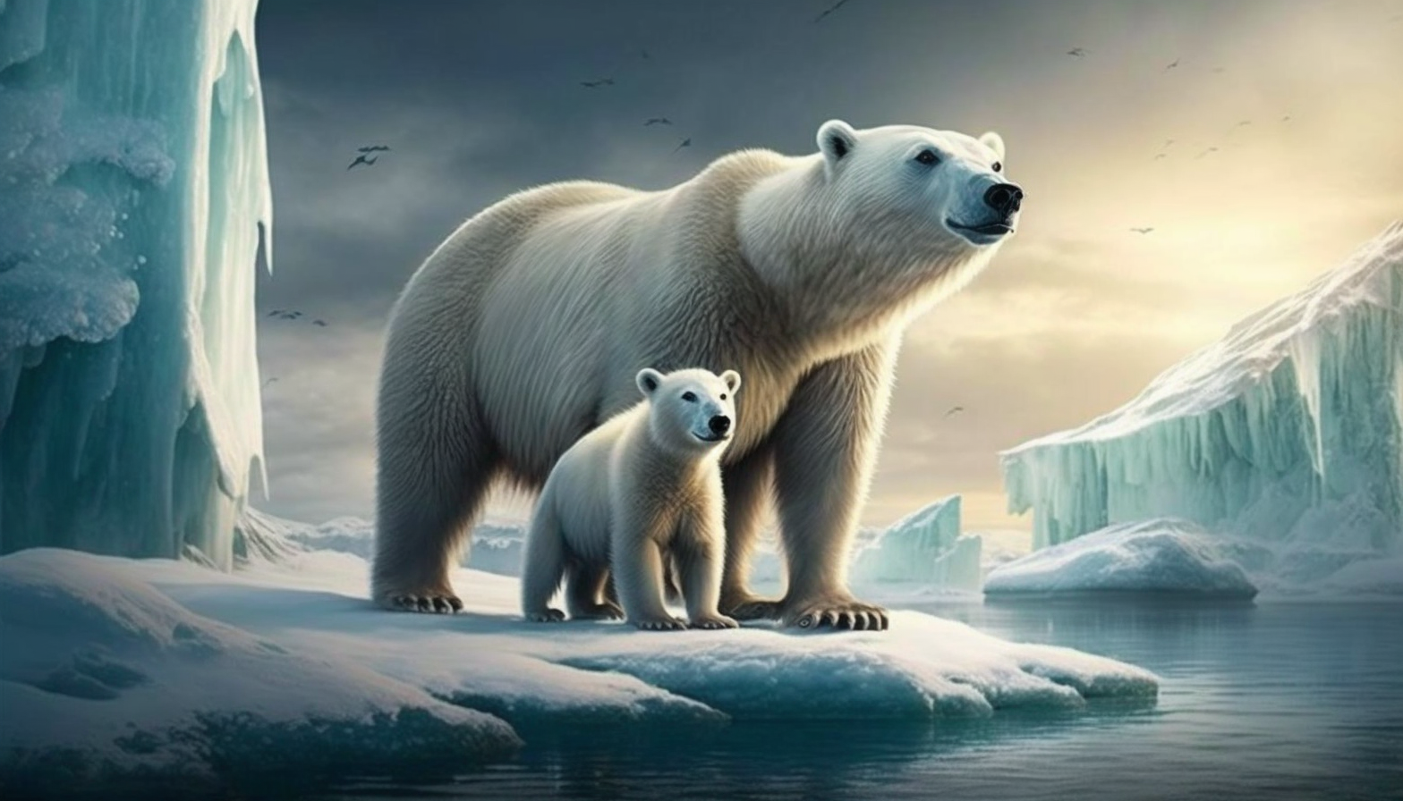 A polar bear with her cub on an icy landscape