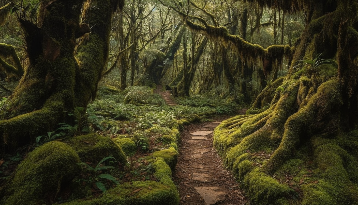 Dense, moss-covered forests with ancient trees and winding paths.