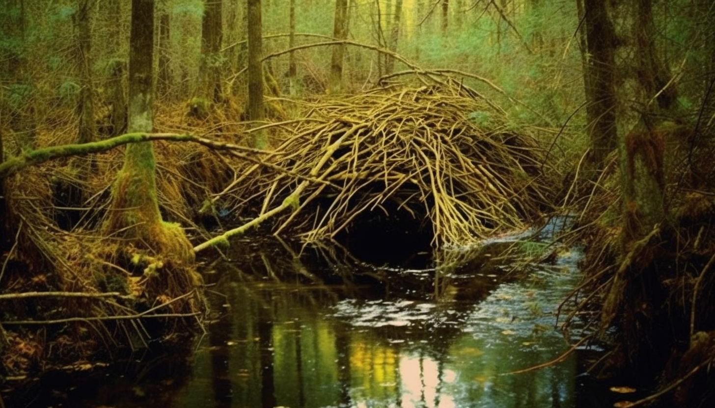 The intricate architecture of a beaver dam in a forest stream.