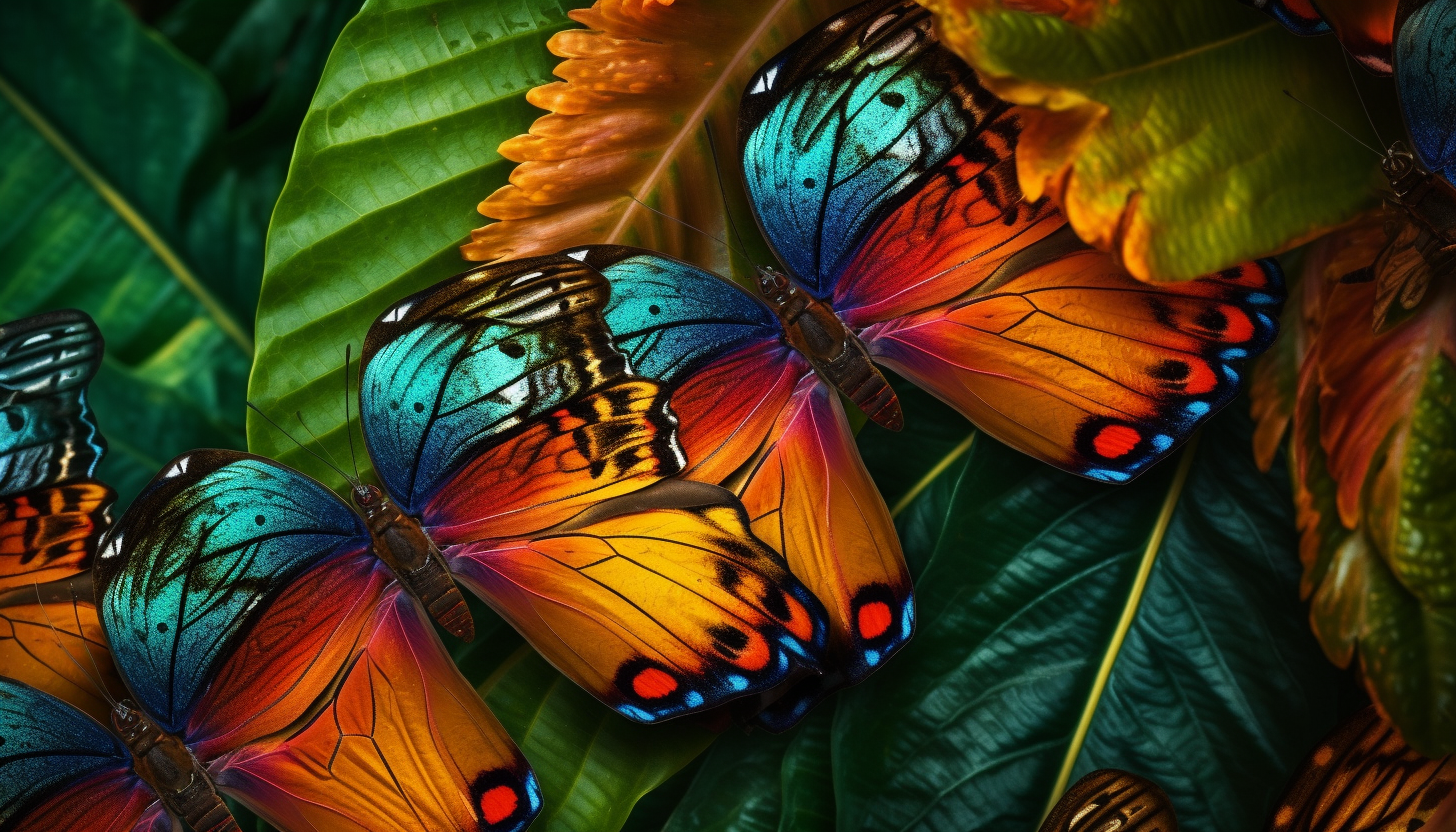 A close-up of vibrant butterfly wings on a leaf.